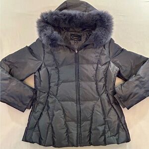 1 Madison Limited Collection Charcoal Gray Coat Fox Fur Trimmed Hood Size Large